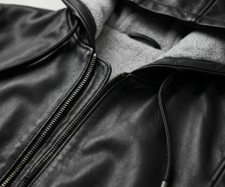 Roslyn Black Hooded Leather Bomber Jacket Macro Hardware Detail 1080x900