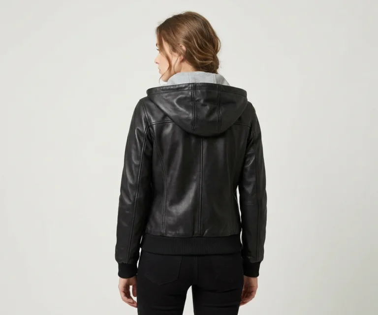 Roslyn Black Hooded Leather Bomber Jacket Rear Back View 1080x900