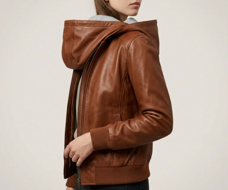 lux-wearz women Roslyn Brown Hooded Leather Bomber Jacket 3/4 Profile 1080x900