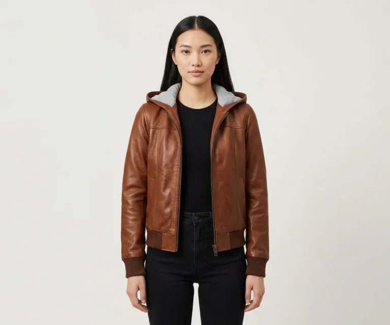 lux-wearz women Roslyn Brown Hooded Leather Bomber Jacket Front View 1080x900