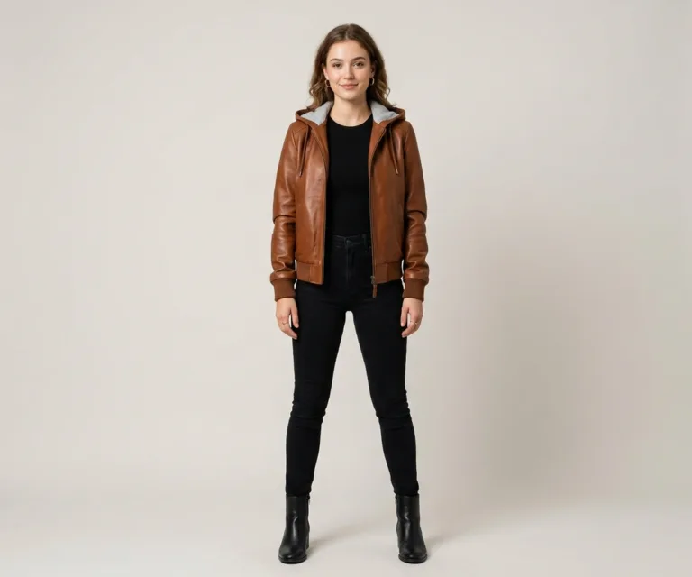 lux-wearz women Roslyn Brown Hooded Leather Bomber Jacket Lifestyle Studio 1080x900