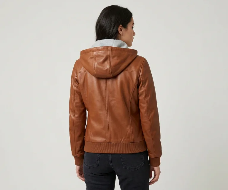 lux-wearz women Roslyn Brown Hooded Leather Bomber Jacket Rear Back View 1080x900