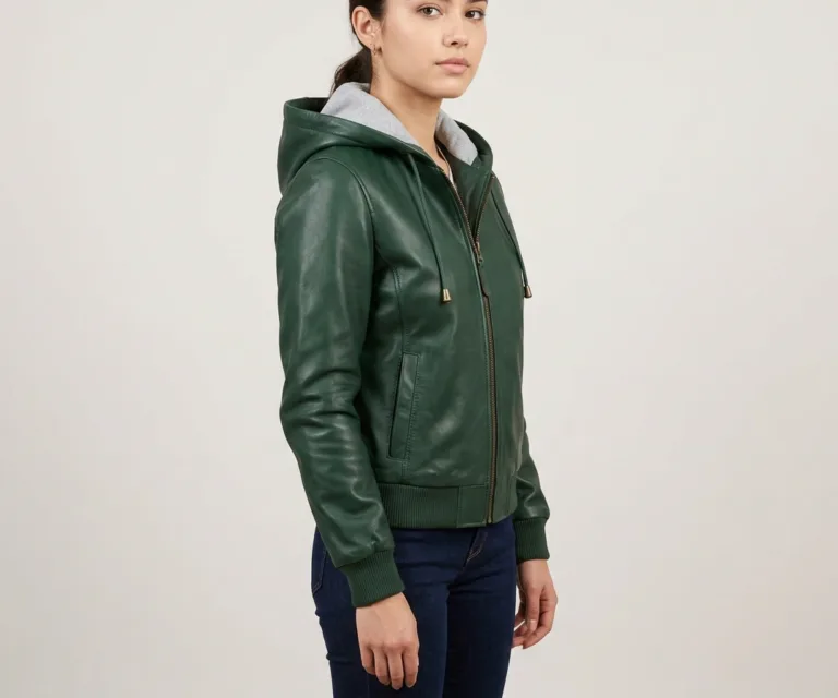 lux-wearz women Roslyn Green Hooded Leather Bomber Jacket 3/4 Profile 1080x900