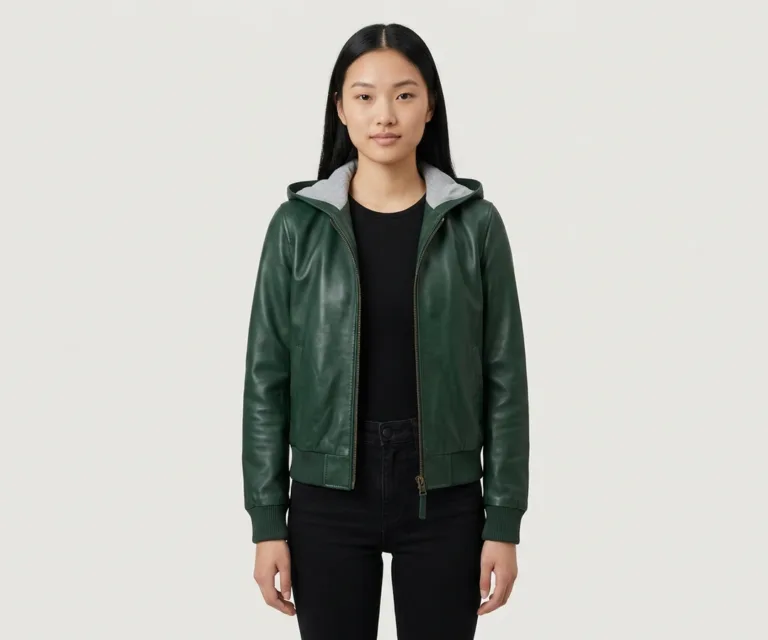 lux-wearz women Roslyn Green Hooded Leather Bomber Jacket Front View 1080x900