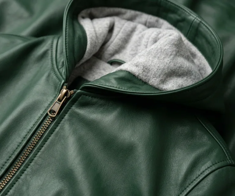 lux-wearz women Roslyn Green Hooded Leather Bomber Jacket Macro Hardware Detail 1080x900