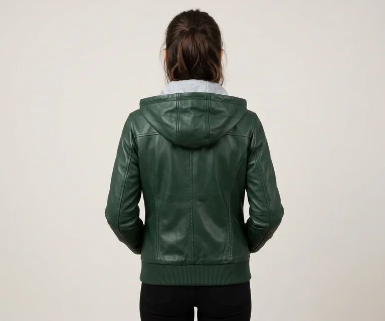 lux-wearz women Roslyn Green Hooded Leather Bomber Jacket Rear Back View 1080x900