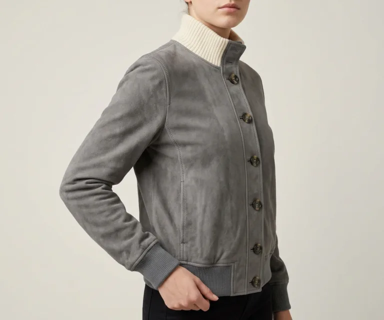 lux-wearz women Grey Suede Bomber Jacket 3/4 Profile 1080x900
