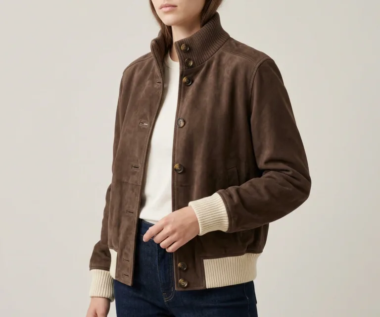 Sasha A1 Mocha Suede Bomber Jacket 3/4 Profile 1080x900