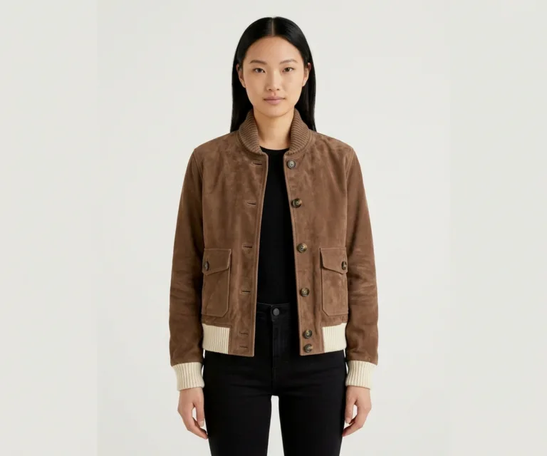Sasha A1 Mocha Suede Bomber Jacket Front View 1080x900