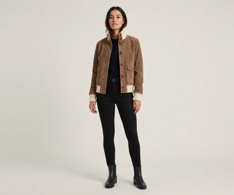 Sasha A1 Mocha Suede Bomber Jacket Lifestyle Studio 1080x900