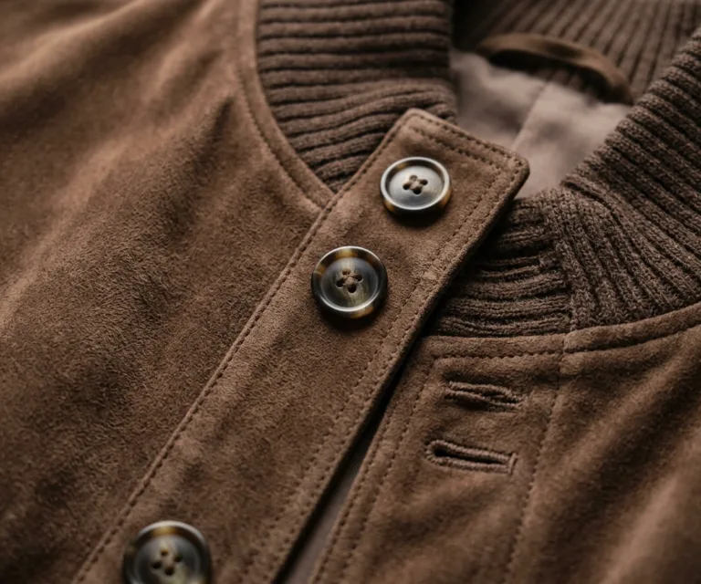 Sasha A1 Mocha Suede Bomber Jacket Macro Hardware Detail 1080x900