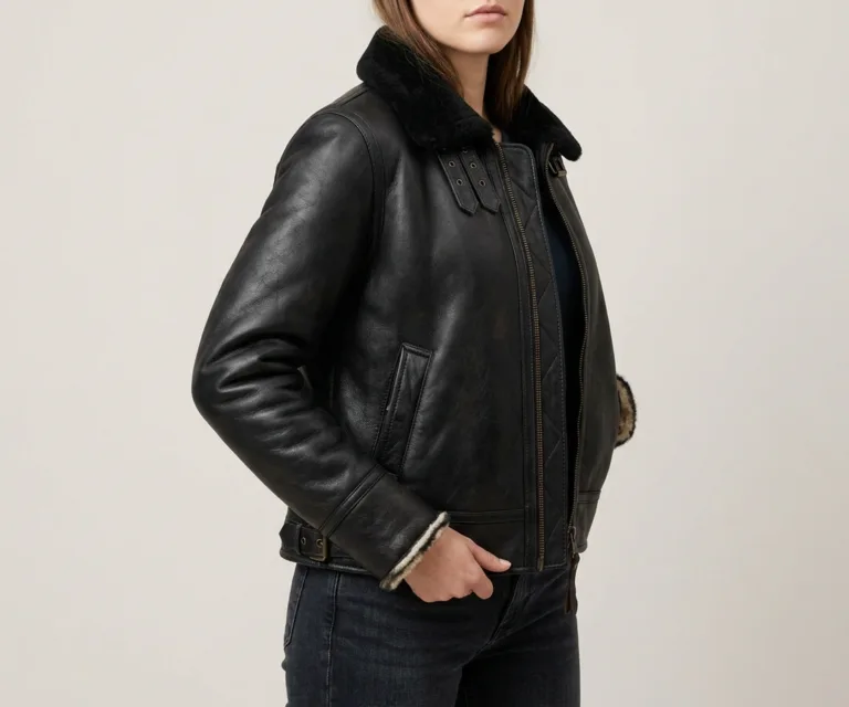 Sherilyn B-3 Distressed Black Leather Bomber Jacket 3/4 Profile 1080x900