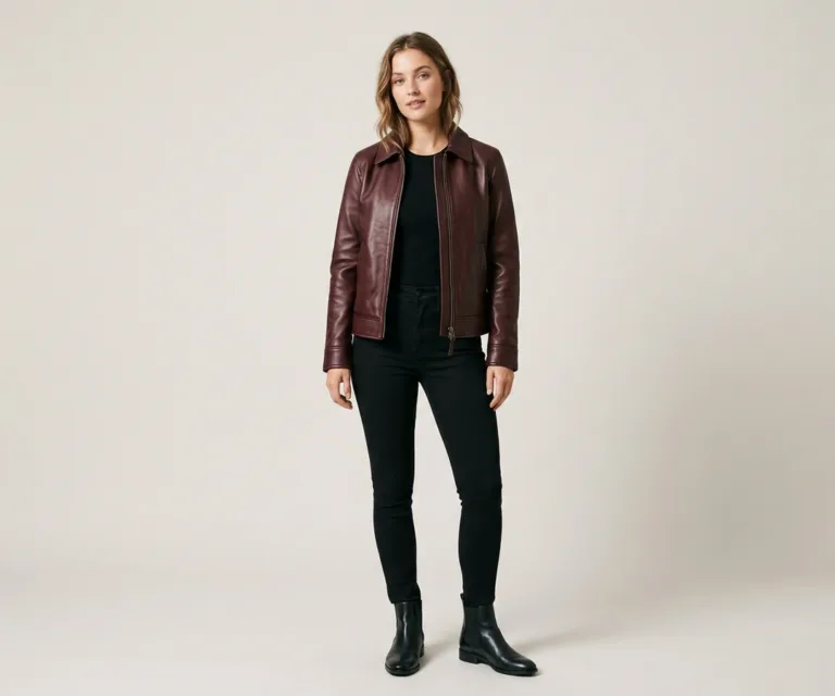 Sherilyn B-3 Maroon Leather Bomber Jacket Lifestyle Studio 1080x900
