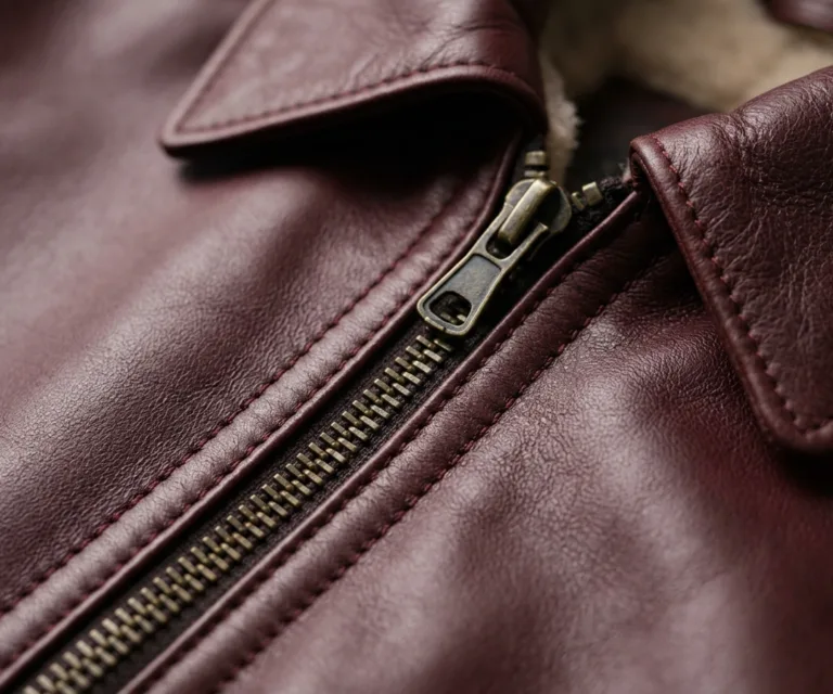 Sherilyn B-3 Maroon Leather Bomber Jacket Macro Hardware Detail 1080x900