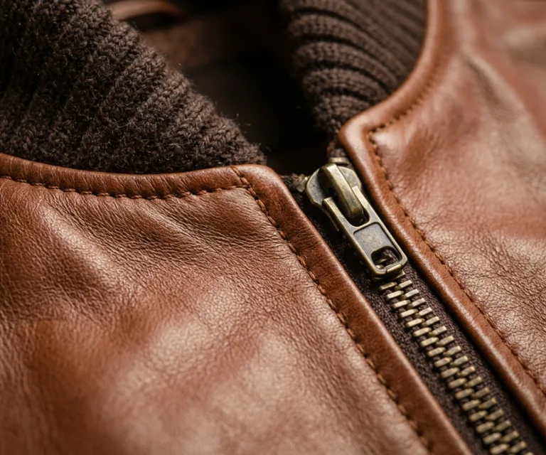 Stella G-1 Brown Leather Bomber Jacket Macro Hardware Detail 1080x900