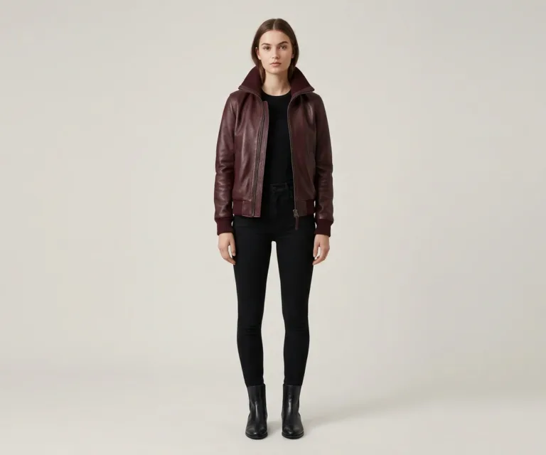 Stella G-1 Maroon Leather Bomber Jacket Lifestyle Studio 1080x900