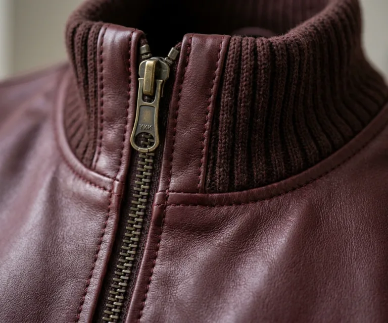Stella G-1 Maroon Leather Bomber Jacket Macro Hardware Detail 1080x900