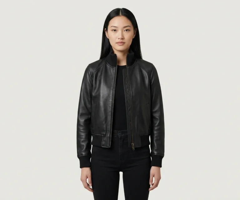 lux-wearz women Zenna Black Leather Bomber Jacket Front View 1080x900