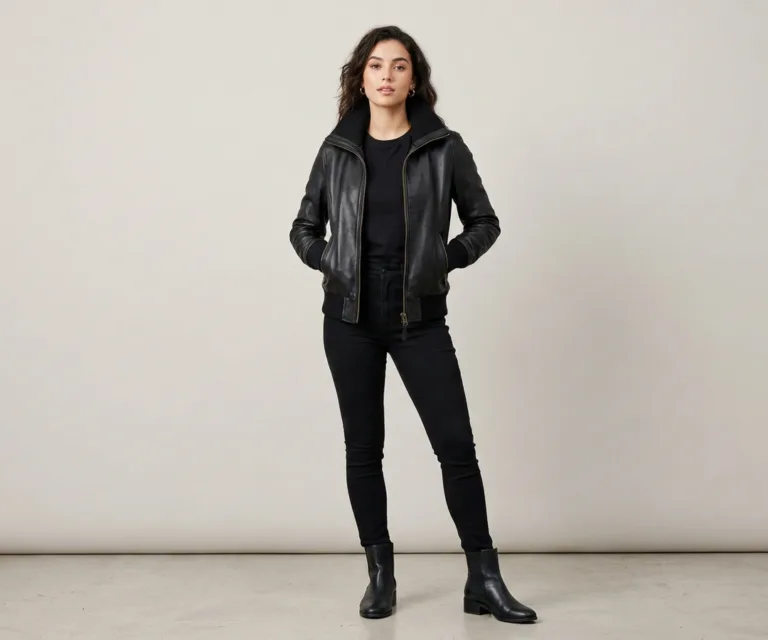 lux-wearz women Zenna Black Leather Bomber Jacket Lifestyle Studio 1080x900