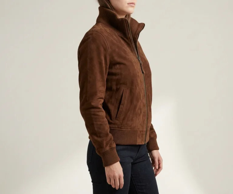 Zenna Mocha Suede Bomber Jacket 3/4 Profile 1080x900