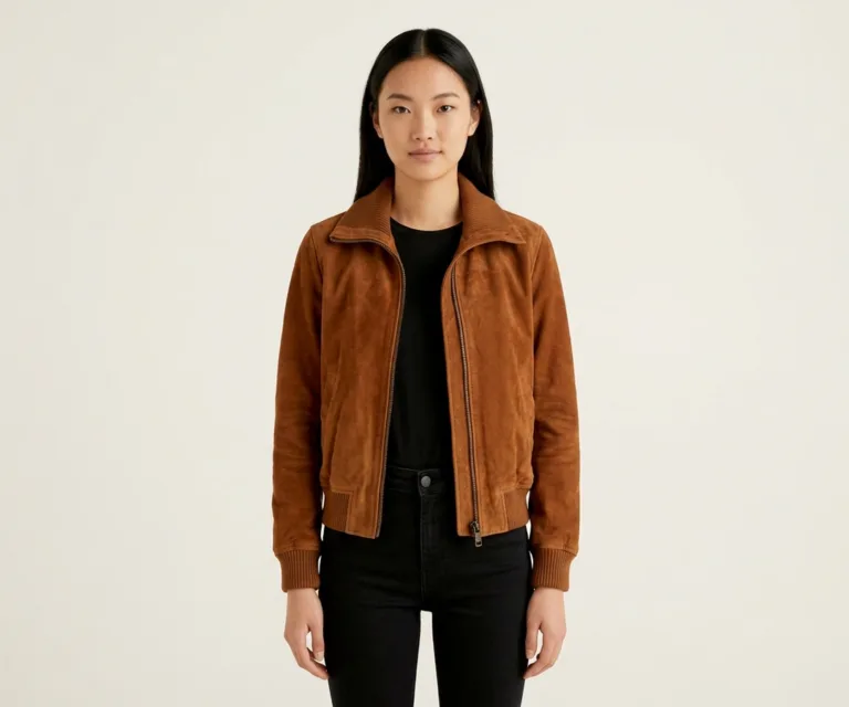 Zenna Mocha Suede Bomber Jacket Front View 1080x900