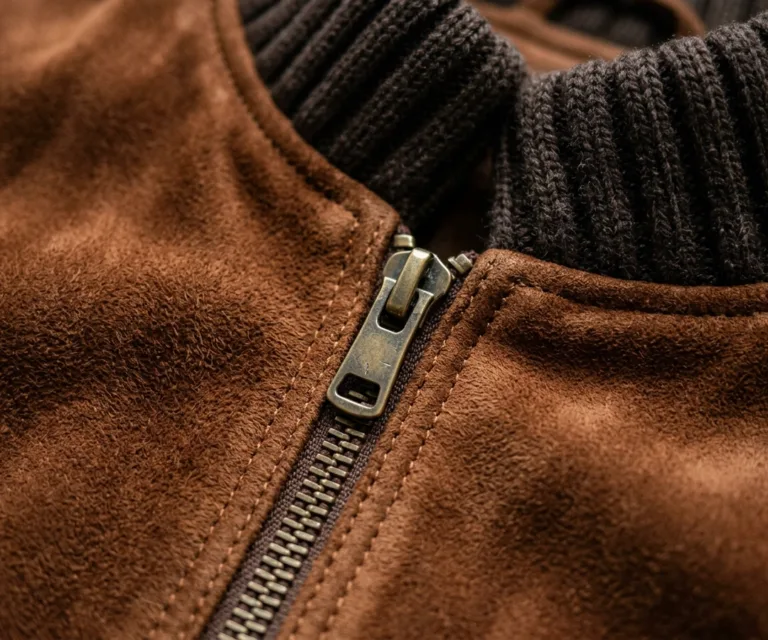 Zenna Mocha Suede Bomber Jacket Macro Hardware Detail 1080x900