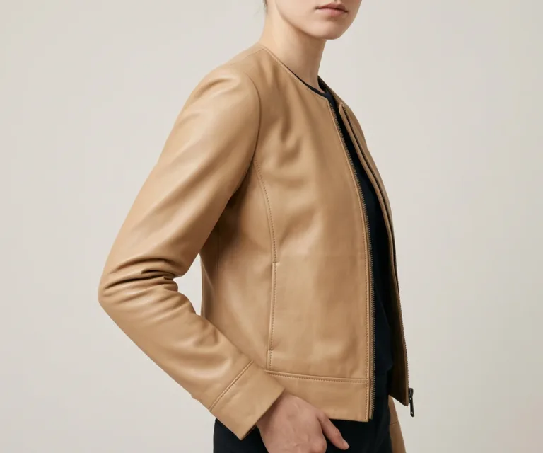 Elixir Beige Collarless Leather Jacket 3/4 Profile 1080x900