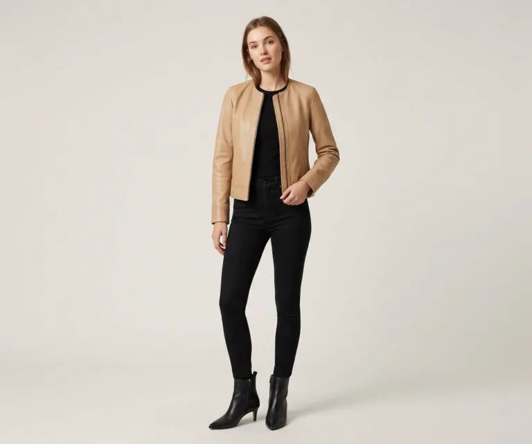 Elixir Beige Collarless Leather Jacket Lifestyle Studio 1080x900