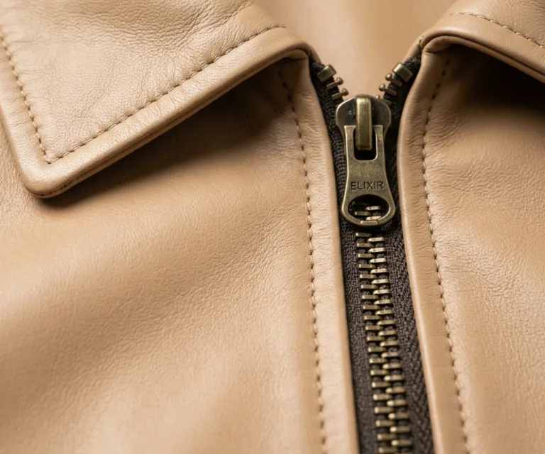 Elixir Beige Collarless Leather Jacket Macro Hardware Detail 1080x900