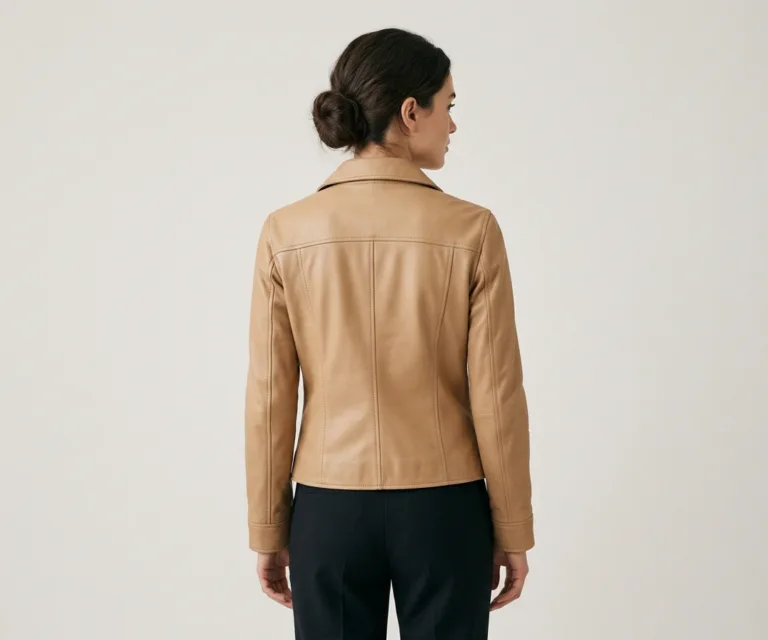Elixir Beige Collarless Leather Jacket Rear Back View 1080x900