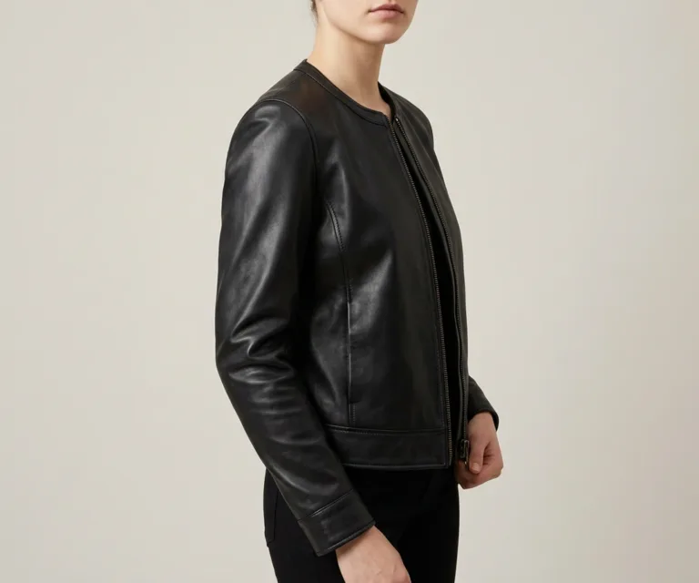 Elixir Black Collarless Leather Jacket 3/4 Profile 1080x900