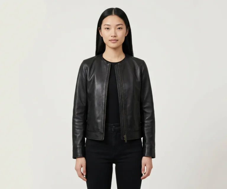 Elixir Black Collarless Leather Jacket Front View 1080x900