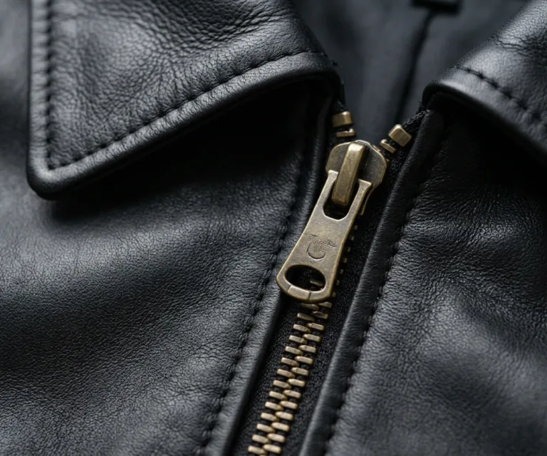 Elixir Black Collarless Leather Jacket Macro Hardware Detail 1080x900