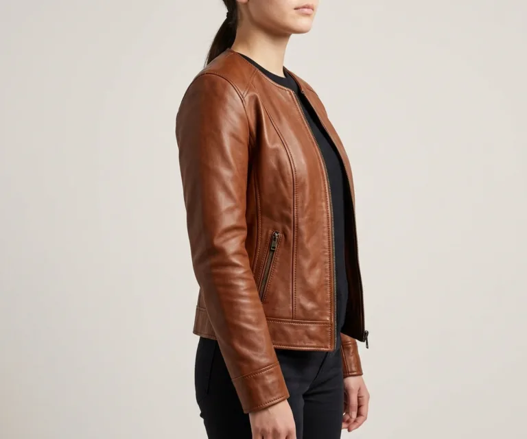 lux-wearz women Elixir Brown Collarless Leather Jacket 3/4 Profile 1080x900