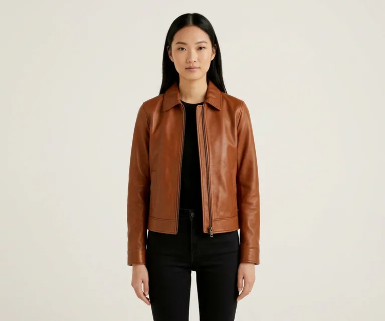 lux-wearz women Elixir Brown Collarless Leather Jacket Front View 1080x900