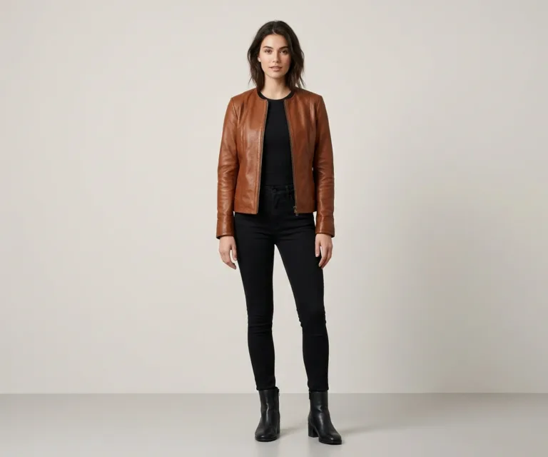 lux-wearz women Elixir Brown Collarless Leather Jacket Lifestyle Studio 1080x900