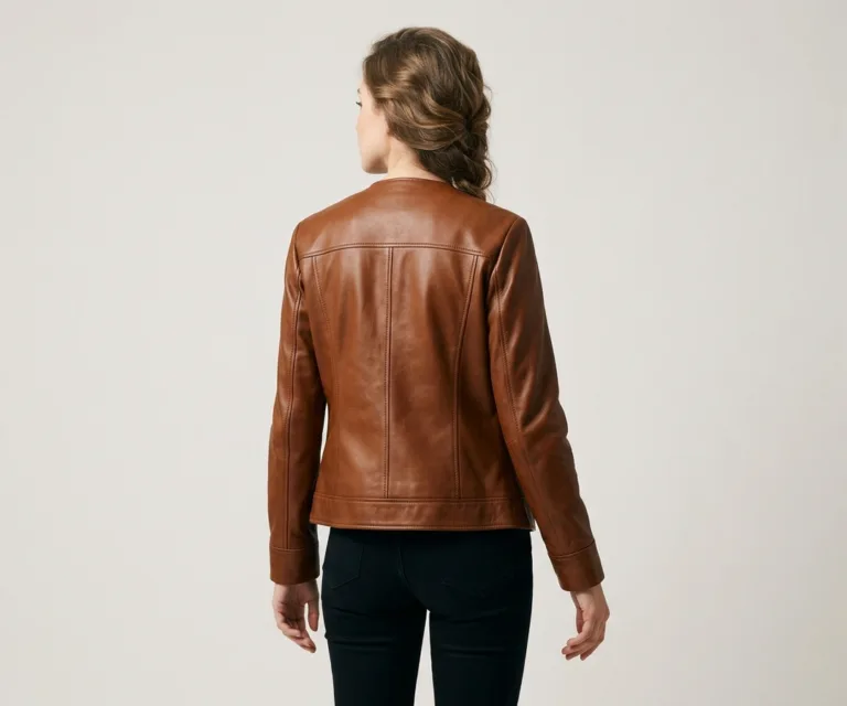 lux-wearz women Elixir Brown Collarless Leather Jacket Rear Back View 1080x900