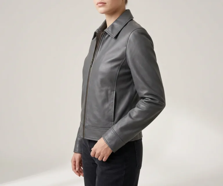 Vixen Grey Classic Collar Leather Jacket 3/4 Profile 1080x900