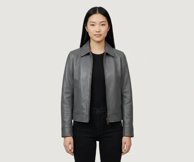Vixen Grey Classic Collar Leather Jacket Front View 1080x900
