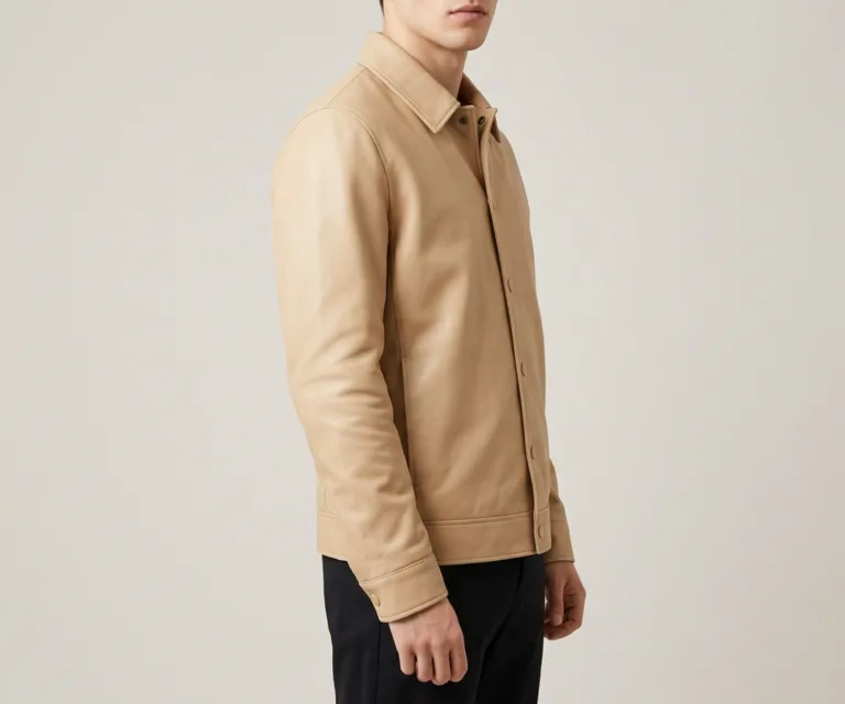 Zenith Beige Leather Shirt Jacket 3/4 Profile 1080x900