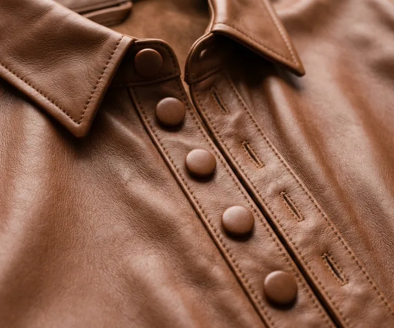Zenith Brown Leather Shirt Jacket Macro Hardware Detail 1080x900