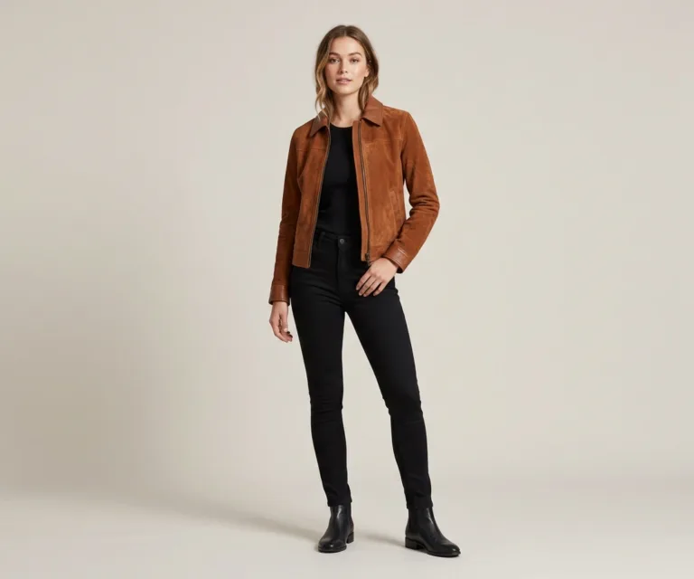 Suzy Brown Suede Trucker Jacket Lifestyle Studio 1080x900