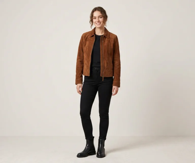 Suzy Mocha Suede Trucker Jacket Lifestyle Studio 1080x900