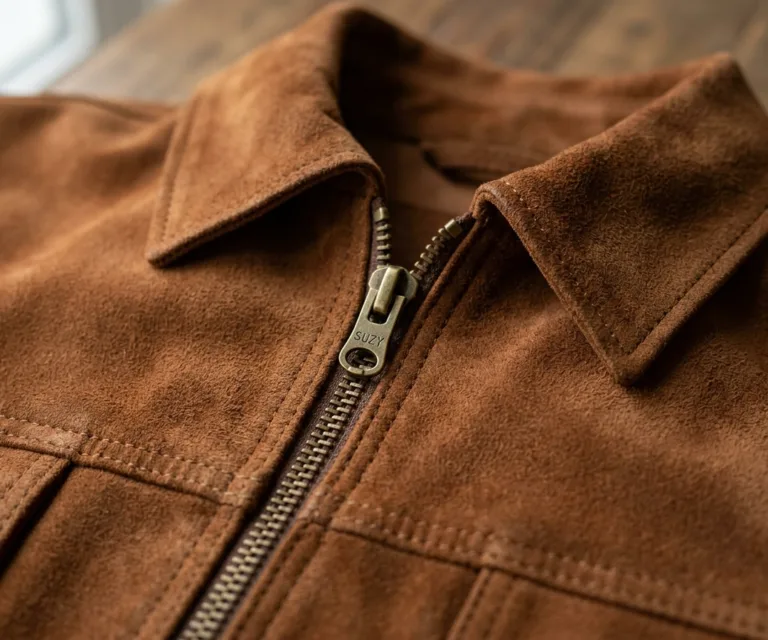 Suzy Mocha Suede Trucker Jacket Macro Hardware Detail 1080x900