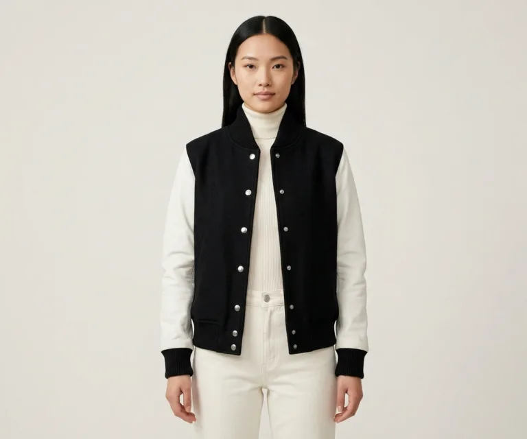 Savant Black & White Hybrid Varsity Jacket Front View 1080x900