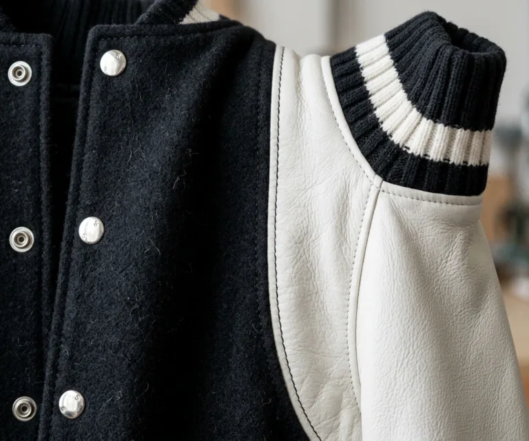 Savant Black & White Hybrid Varsity Jacket Macro Hardware Detail 1080x900