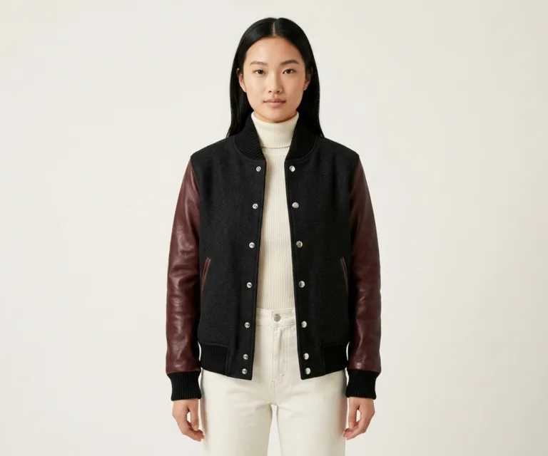 Savant Maroon & Black Hybrid Varsity Jacket Front View 1080x900