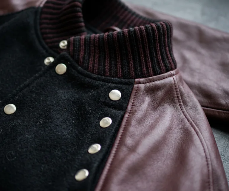 Savant Maroon & Black Hybrid Varsity Jacket Macro Hardware Detail 1080x900