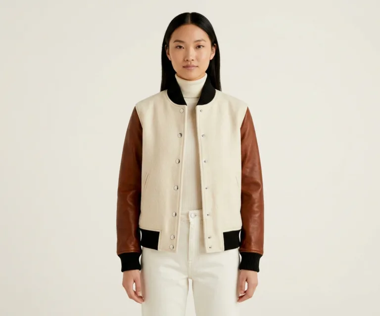 Savant White & Brown Hybrid Varsity Jacket Front View 1080x900