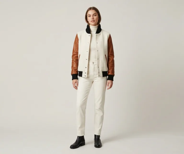 Savant White & Brown Hybrid Varsity Jacket Lifestyle Studio 1080x900